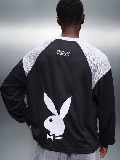 PLAYBOY X SUMWON 运动V领长袖撞色T恤，网眼拼接，饰有品牌标志，休闲运动服，男士训练上衣，现代修身款运动服