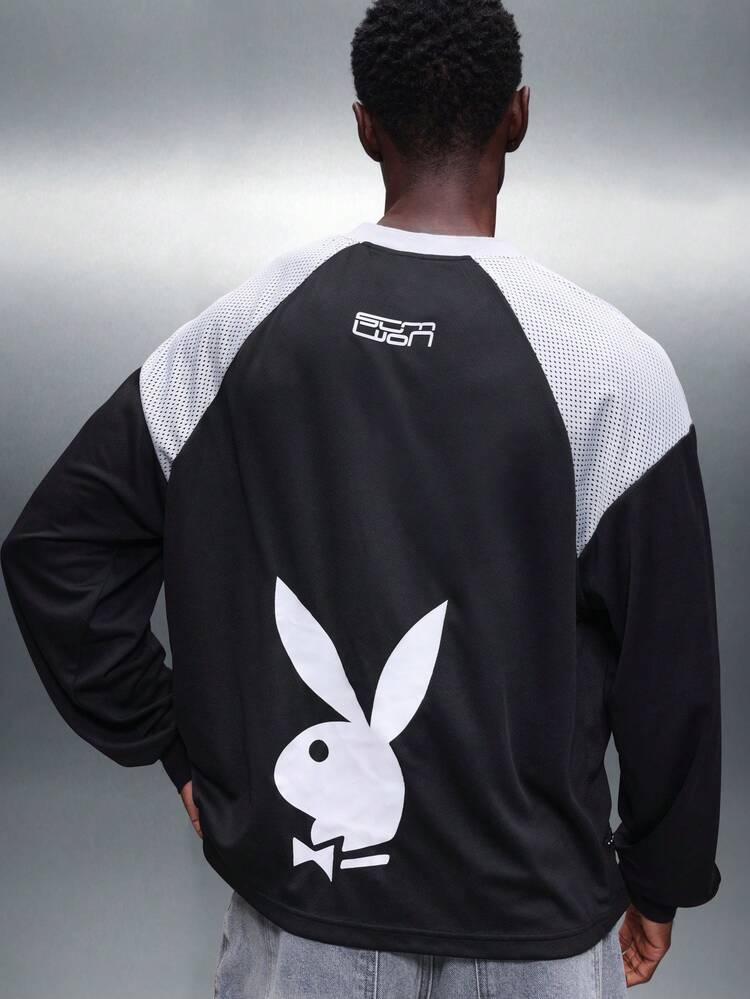 PLAYBOY X SUMWON Athletic V-Neck Long Sleeve Color Block T-Shirt With Mesh Panels Logo Detail Casual Sportswear Men Training Top Contemporary Fit Activewear