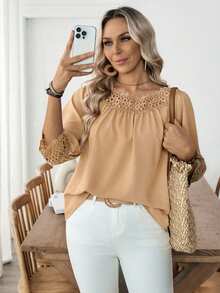 SHEIN LUNE Blus Wanita Kasual Serbaguna Warna Polos dengan Tekstur Ruffle dan Lengan Lentera Setengah Lengan, Musim Semi/Panas - Khaki - View 4
