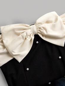 Firerie Kids 少女优雅黑色撞色蝴蝶结A字连衣裙，饰有串珠 - 黑與白 - 查看 4