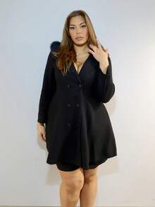 MelDlgn 秋冬大码休闲纯色双排扣连帽夹克 - 黑色 - 查看 5