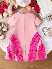 SHEIN Vestido midi de línea A con cuello redondo, parche, volantes de organza y decoración de flores de rosa 3D para niña. Vestido de pastel, vestido de niña de las flores, lindo, elegante, dulce, vintage y de moda. Combinación de mamá e hija, hermanas, vacaciones familiares, uso diario, reuniones familiares en el hogar y ocasiones especiales, conjuntos de hermanos, princesa elegante, uso en fiestas, para cumpleaños, primavera/verano. - Rosa Fucsia - Ver 5
