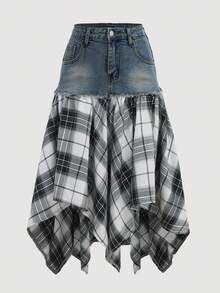 Girlism 少女蓝色牛仔拼接黑白格子不对称中长裙 - 深色水洗藍 - 查看 6