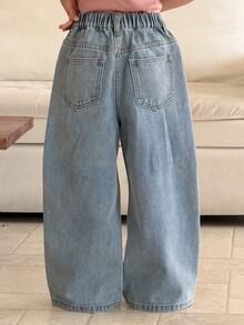 Dazy Kids Quần jeans ống rộng cạp cao, kiểu dáng thường ngày cho nữ, đã qua xử lý. - Rửa nhẹ - Xem 2