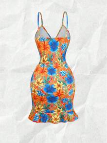 Nevyona Đầm hai dây eo in họa tiết nhiều màu sắc dành cho nữ - trái cam - Xem 2