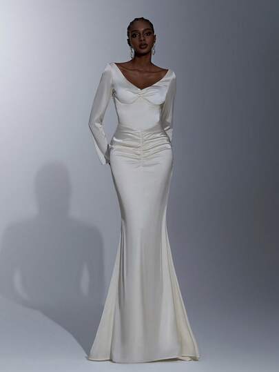 Elitara Elegante vestido de noche formal de satén crema de manga larga con pliegues en el frente, espalda abierta con volantes y bajo de sirena, vestido de fiesta