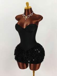 SHEIN Tall CURVE Plus Size Solid Color Sequin Patchwork Sleeveless Bodycon Dress - Black - View 3