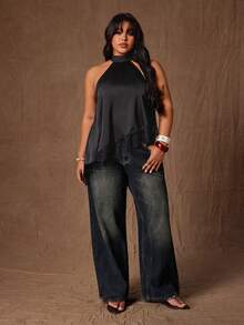 Rustia Plus Size Elegant Satin & Lace Patchwork Asymmetrical Blouse - Black - View 7