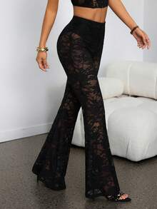 SHEIN PETITE Women's Spring Sexy Retro Lace Lined Flared Pants - Black - View 6