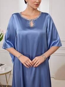 Al Najma Women's New Elegant Satin Fabric Shiny Luxurious Rhinestone Keyhole Neck Dress, Minimalist & Fashionable - Purple - View 1