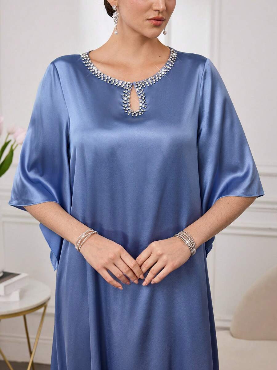 Al Najma Women's New Elegant Satin Fabric Shiny Luxurious Rhinestone Keyhole Neck Dress, Minimalist & Fashionable - Purple - View 1