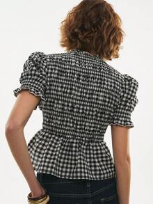 Poéselle Women's Casual Plaid Ruffle Hem Puff Sleeve Cotton  Blouse, Summer - Black - View 2