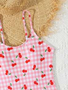 SHEIN 女童樱桃印花连体泳衣，肩带可调节，蝴蝶结设计，甜美可爱又优雅，适合度假、海滩、泳池、冲浪和沙滩等场合。 - 粉色 - 查看 5