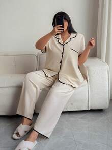 Dream Adore Plus Size Women Contrast Trim Collared Loose Short Sleeve Pajama Set - Apricot - View 5