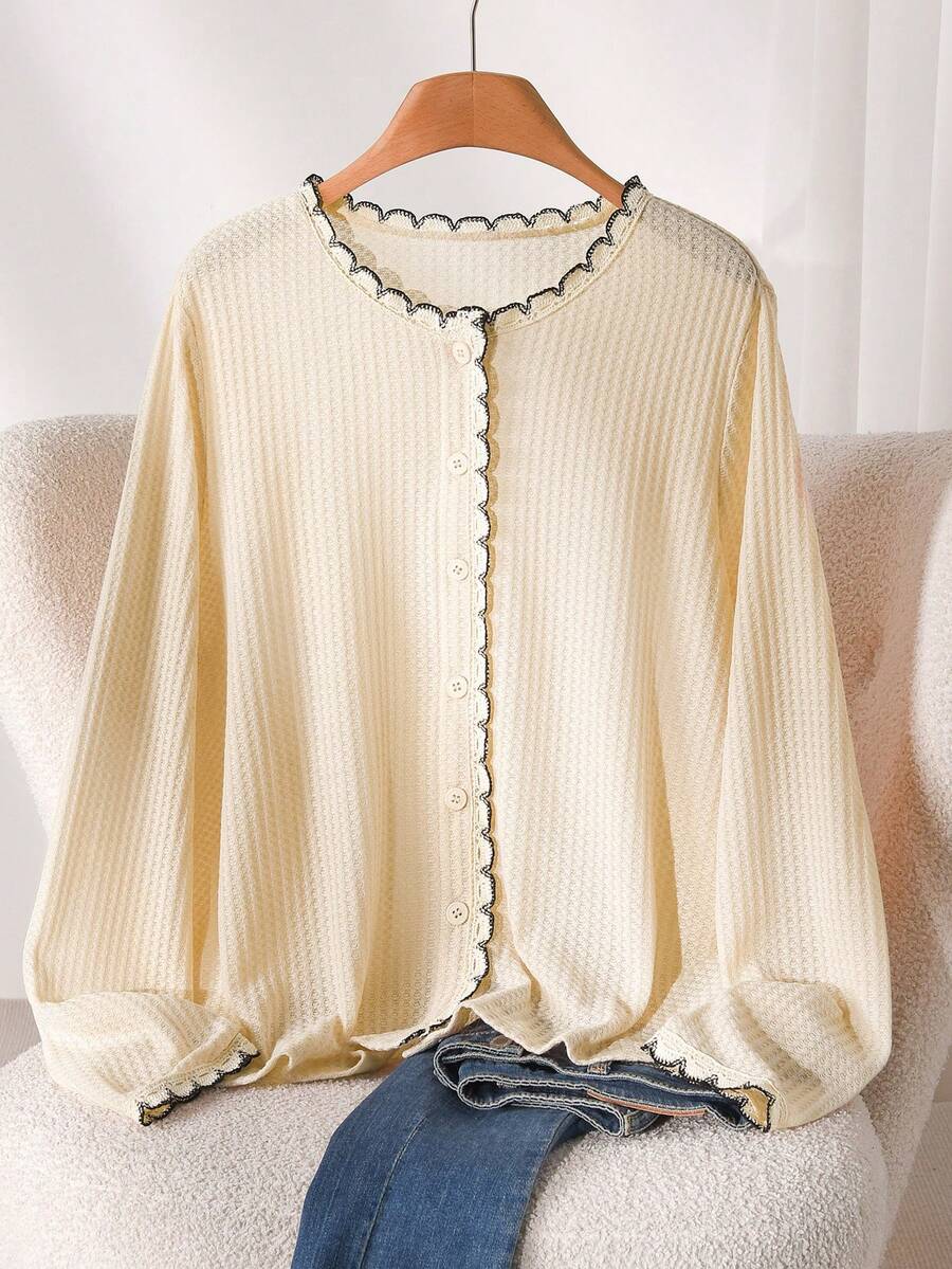 CosyJoli Plus Size Women's Casual T-Shirt, Waffle Knit Top, Button Front Top, Women's Going Out , Women's Casual , Vintage Top Women Spring Casual Vacation Women Spring T-Shirt For Women - Beige - View 1