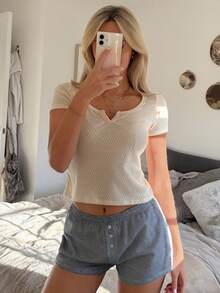 DAZY Women's Jacquard Knit Top And Plaid Shorts Casual Loungewear Set - Apricot - View 3