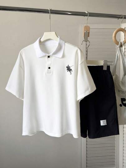 Mirajuku 2pcs/Set Boys' Casual Minimalist Pique Fabric Black & White Polo Shirt & Shorts Set, Featuring Embroidered Logo Design, Suitable For Daily, Commute, School Wear