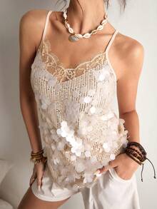 Freevana Women's Fashion Lace Trim Sequin Camisole For Summer - Apricot - View 1