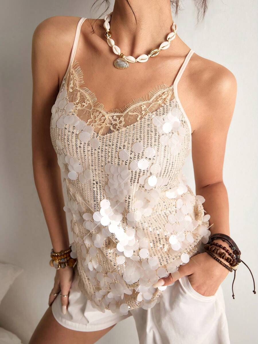 Freevana Women's Fashion Lace Trim Sequin Camisole For Summer - Apricot - View 1