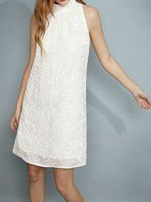 Maija 女士浪漫优雅花卉提花露背无袖白色A字连衣裙，圣诞节假日派对鸡尾酒会礼服，情人节，节日