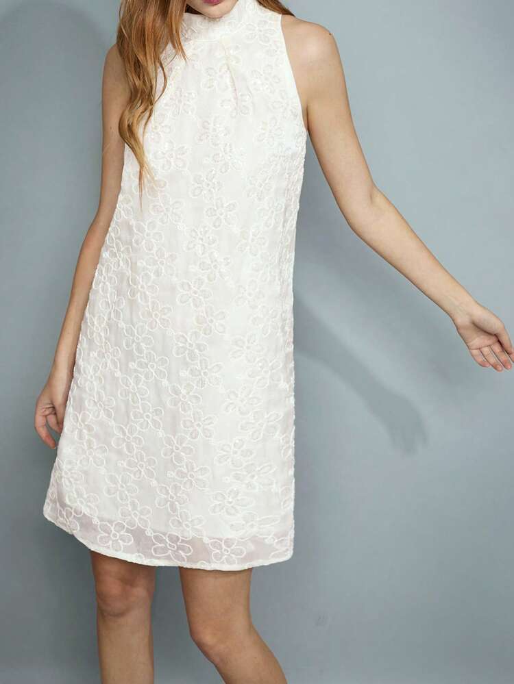 SHEIN Maija Women's Romantic Elegant Floral Jacquard Halterneck Sleeveless White A-Line Dress, Christmas Holiday Party Cocktail Dress Valentines Day,Festival