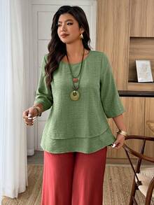 Weeklong 大码亚麻质感七分袖衬衫 - 圆领，双层下摆，宽松版型，休闲春夏衬衫 - 綠色 - 查看 5