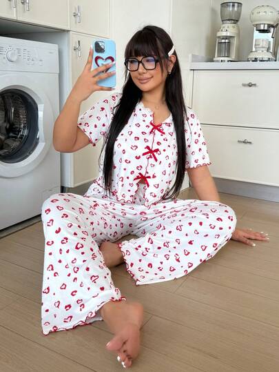 ZzzCrew Sexy Bow Lace Trim Sweet Heart Print Fitted Sleepwear Set
