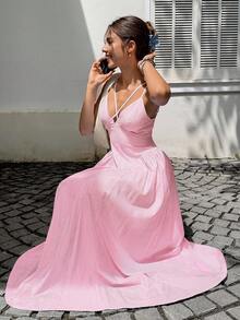 Siren Gaze 女士休闲度假风条纹印花交叉腰带连衣裙，夏季正式场合礼服，女士夏季连衣裙，女士正装，女士优雅经典连衣裙 - 粉色 - 查看 4