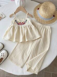 LMoss Kids 女婴花卉刺绣吊带娃娃衫和阔腿裤套装，休闲假日风 - 米色 - 查看 7