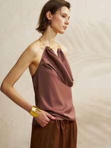 INAWLY Sexy Pleated Collar Draped Neck Backless Camisole Top For Women - Coffee Brown - View 7