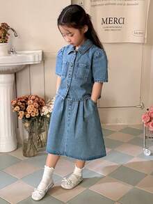 DAZY Young Girl Casual Denim Set: Puff Sleeve Button-Up Shirt And Mini Skirt