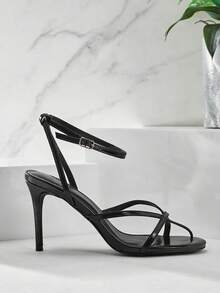 SHUZIA Women's Elegant Minimalist Patent PU Ankle Strap Stiletto Heel Sandals - Black - View 4