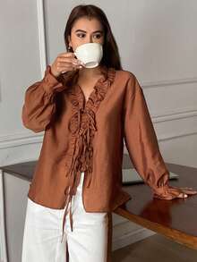 DAZY Women's Solid Color Loose Tie Drawstring Ruffle V-Neck Elegant Vacation Blouse, Spring/Autumn - Brown - View 5