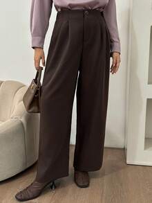DAZY 女士纯色宽松直筒裤，松紧腰带，秋季女士正装裤 - 棕色 - 查看 7