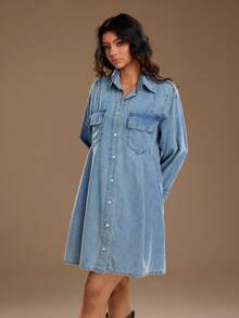 TRNVIE Vestido de mezclilla de manga larga, hombros caídos, con botones delanteros, casual y versátil - Azul - Ver 8