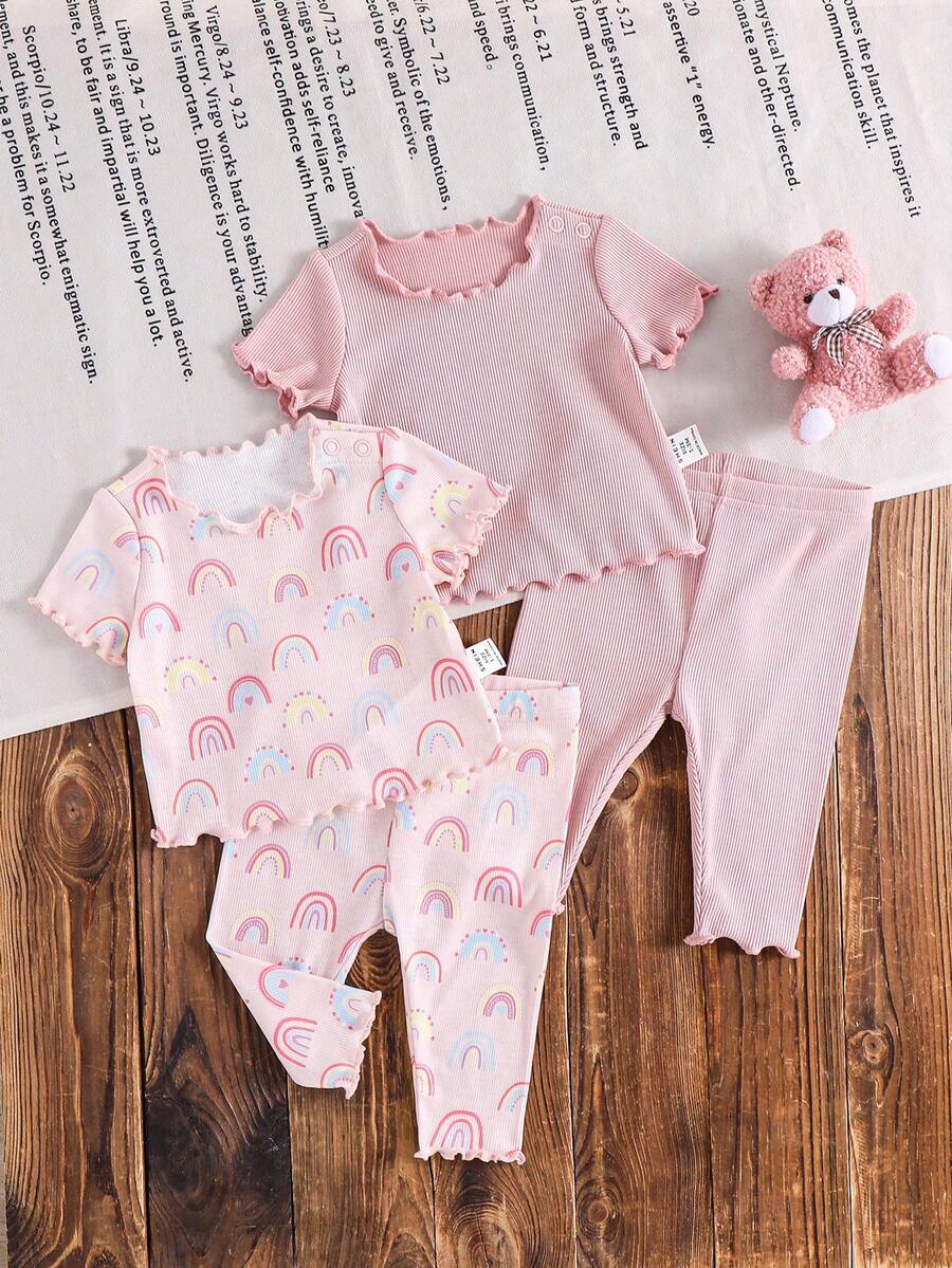 SHEIN LMoss Kids Dozemod Kids Newborn Baby Girl 4pcs Casual Ditsy Floral Ruffle Trim Round Neck Short Sleeve Top And Pants Knit Striped Pajama Set, Summer - Multicolor - View 1