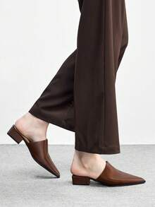 CUCCOO BIZCHIC Minimalist Women Mule Heels Smooth Finish Pointed Toe Low Block Heel Slip On Office Shoes - Brown - View 3