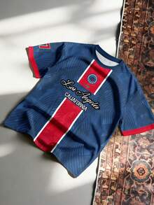 Aesthetic Post Áo thun Jersey kẻ sọc chuyển màu hợp tác với Barcelona và NY, số 9, tay ngắn, thương hiệu thời trang đường phố Mỹ, hàng hóa dành cho người hâm mộ, áo thun rộng rãi thoải mái unisex. - Màu xanh lam - Xem 4