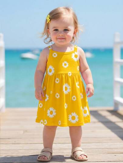 [ 1-Piece Set ] For Baby Girls Aged 6 Months To 2-3 Years Old, This Dress Features A Fresh Rural Style With White Daisy Patterns Printed All Over. It Is A Yellow Camisole Dress Made Of Thin Fabric, Comfortable And Cute. It Is Suitable For Beach Vacations In Spring And Summer