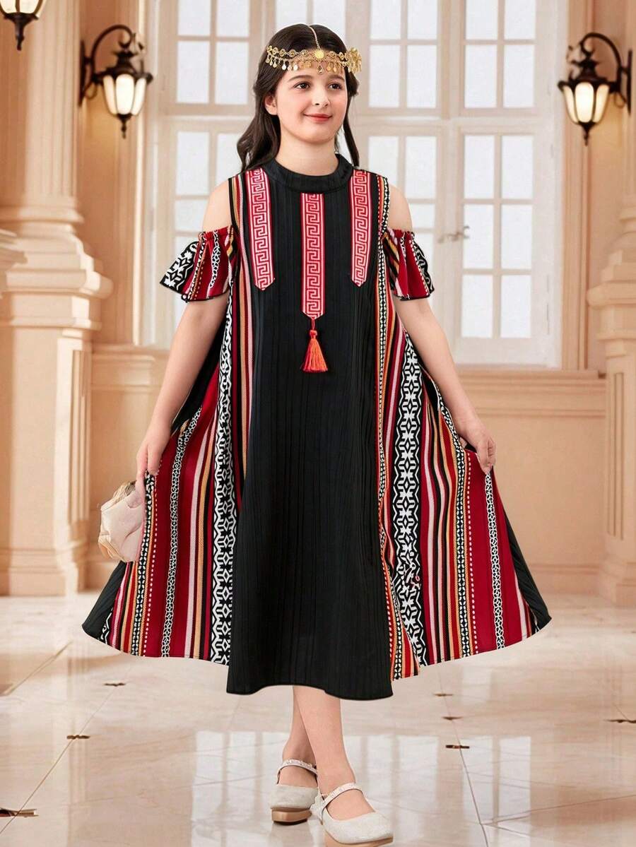 Tween Girl Solid Color Patchwork Tassel Decor Casual Dress - Multicolor - View 1