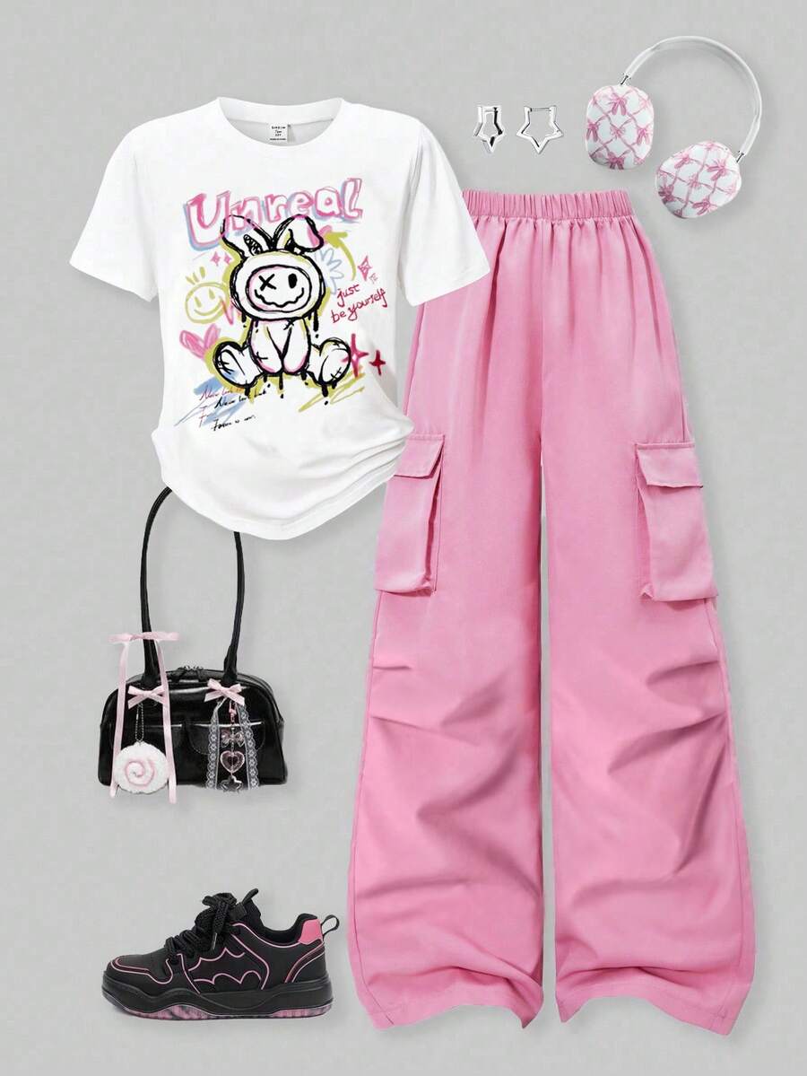 SHEIN ChillGRL Set de 2 piezas de camiseta y pantalón cargo informal para niñas, camiseta de manga corta con cuello redondo y estampado, y pantalones, conjunto de moda para primavera/verano - Rosa - Ver 1