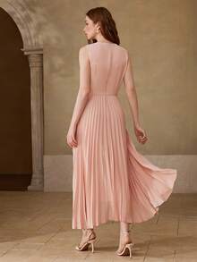 MOTF PREMIUM 女士褶皱撞色蕾丝优雅约会之夜无袖中长连衣裙，春夏款 - 粉色 - 查看 3