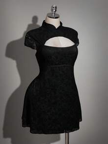SHEIN ICON 大码女式复古中国风黑色蕾丝连衣裙 - 黑色 - 查看 6