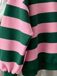 SHEIN EZwear Women's Casual Pullover Sweatshirt, Korean Style, Fashion Versatile, Suitable For Outerwear, Colorful Striped Pattern Design, Suitable For Street Photography, Suitable For Camping, Spring/Summer Outfit, Spring/Summer And Back To School Season - Multicolor - View 4