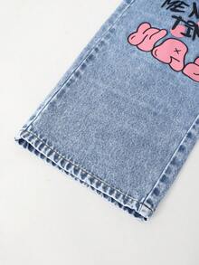 SHEIN ChillGRL 1 chiếc quần jeans nữ tuổi teen phong cách thường ngày sành điệu, kiểu dáng đường phố, in chữ hoạt hình, phong cách sinh viên, đi nghỉ mát, dáng rộng, đã giặt. - Rửa nhẹ - Xem 5