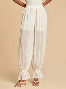 Travachic Women's Casual Apricot Plain Woven Fabric Parachute Long Pants With Ruffle Hem - Apricot - View 3