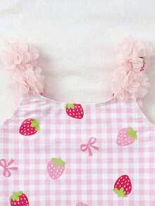 SHEIN Adorable Girls Strawberry Gingham Print Sleeveless Ruffle Square Neck Short One Piece Swimsuit Fitted Polyester For Beach Fun - Multicolor - View 5