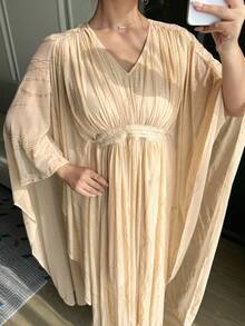 Dazy Plus Plus Size Floral Print V-Neck Ruffle Sleeve Waist Cinched Maxi Party Dress, Apricot Color, Spring/Summer Sundress - Apricot - View 5