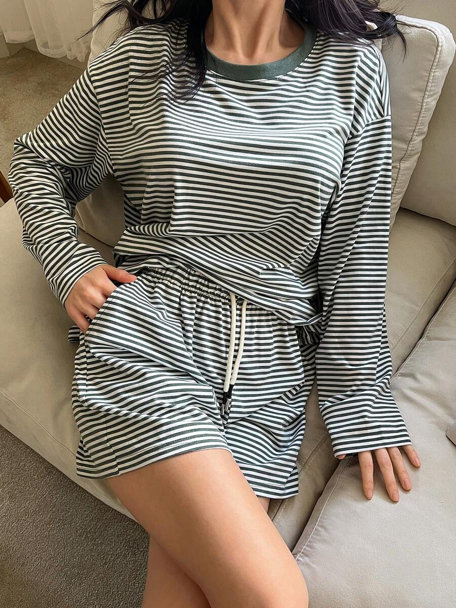 DAZY Women's Casual Striped Loose Pajama Set - Green - View 1