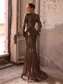 Aureia Vải thun vàng sang trọng thanh lịch, cổ tròn, tay dài, xếp ly phía trước, trang trí đá Rhinestone quyến rũ, viền đuôi cá, phù hợp với mọi dịp trang trọng, bảo thủ, mới lạ, váy dài dự tiệc thanh lịch, khách dự tiệc cưới, váy dạ hội sang trọng, váy dạ hội Trung Đông, váy dạ hội trang trọng - Rượu sâm banh - Xem 3